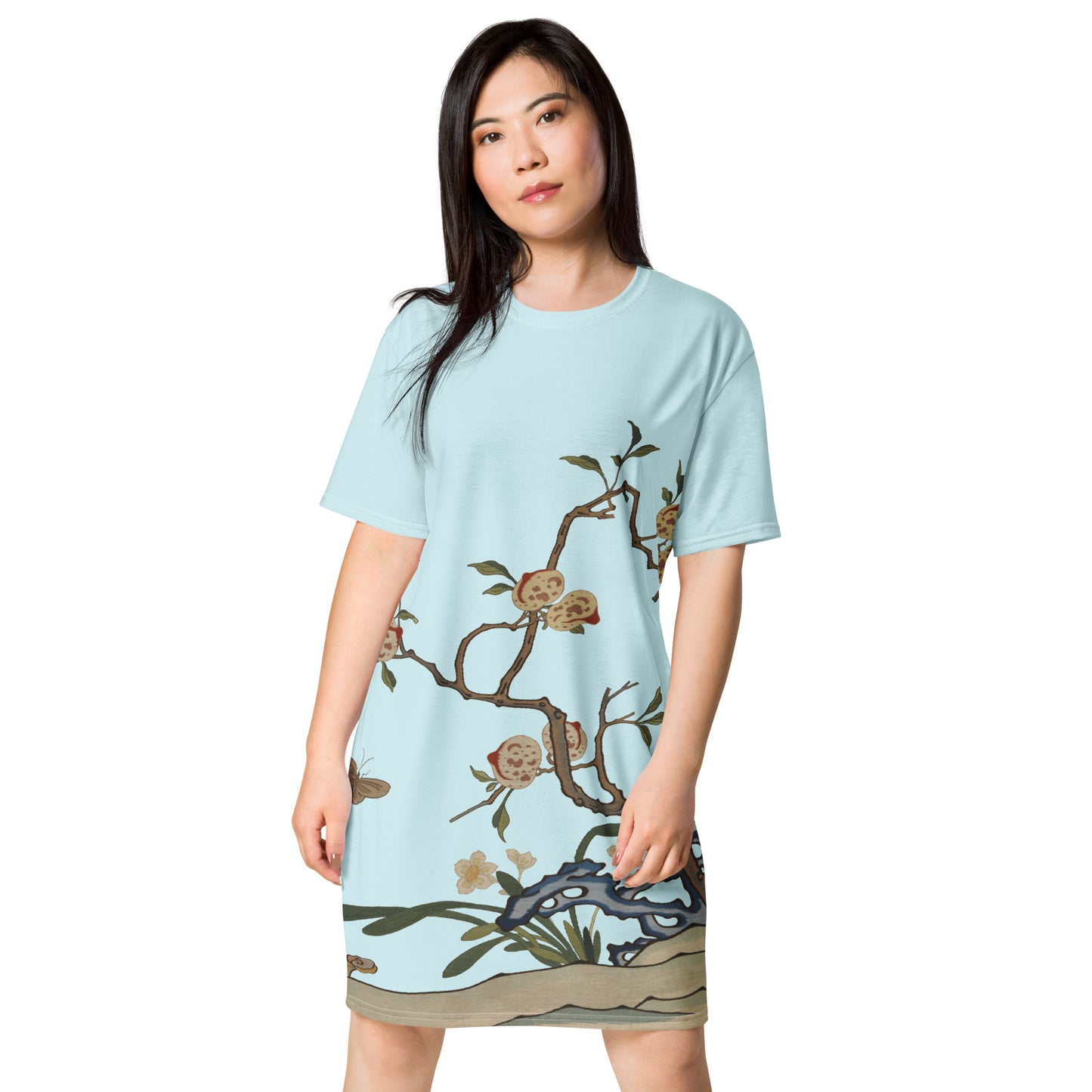 Kesi Flower Album｜Narcissus and Peaches｜T-shirt dress｜Aqua blue