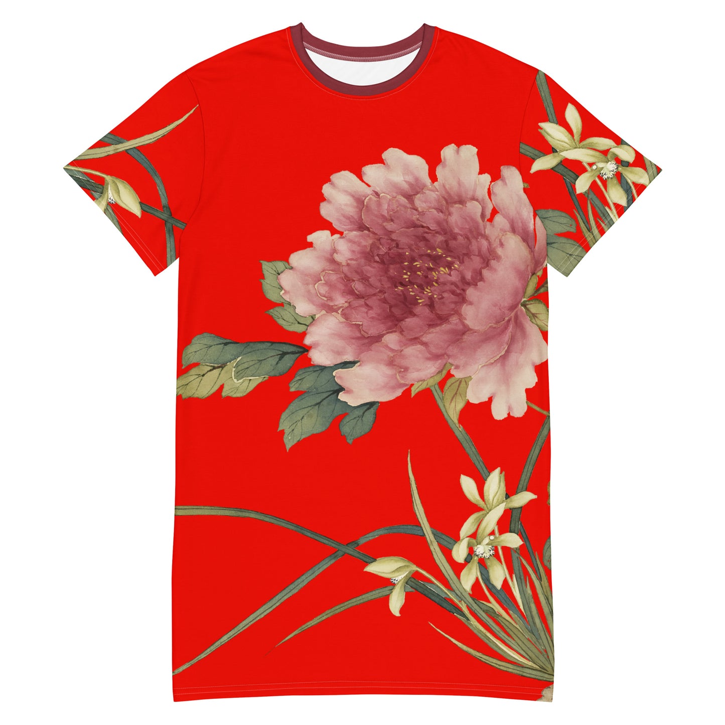 The Spirit of Flowers in Twelve Months｜Orchid and Tree Peony in Bloom｜T-shirt dress｜Garnet red