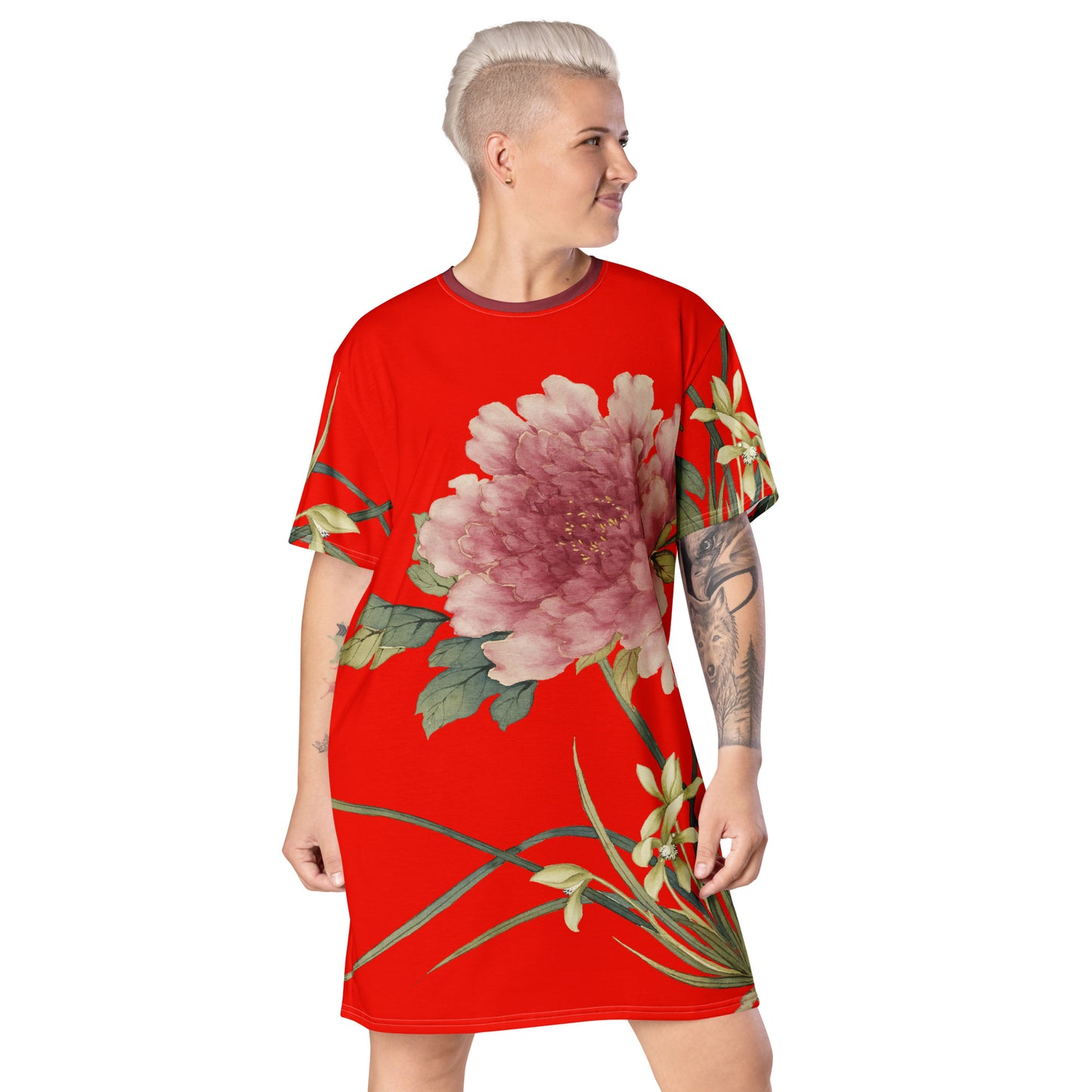 The Spirit of Flowers in Twelve Months｜Orchid and Tree Peony in Bloom｜T-shirt dress｜Garnet red