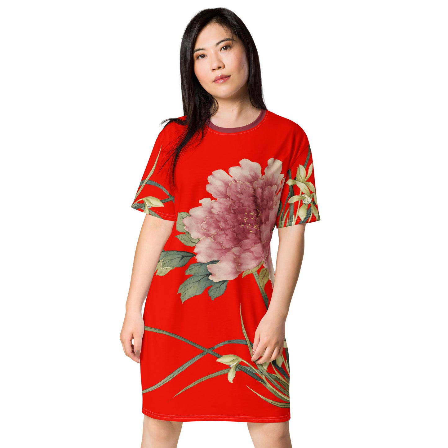 The Spirit of Flowers in Twelve Months｜Orchid and Tree Peony in Bloom｜T-shirt dress｜Garnet red