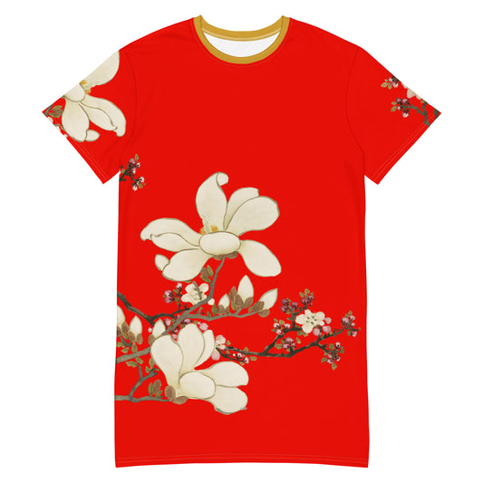 花の精霊 十二ヶ月｜杏とユリのモクレンの花｜Tシャツドレス｜ガーネットレッド