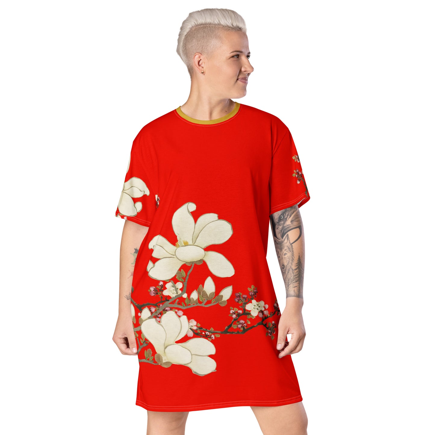 The Spirit of Flowers in Twelve Months｜Apricot and Lily Magnolia in Blossom｜T-shirt dress｜Garnet red