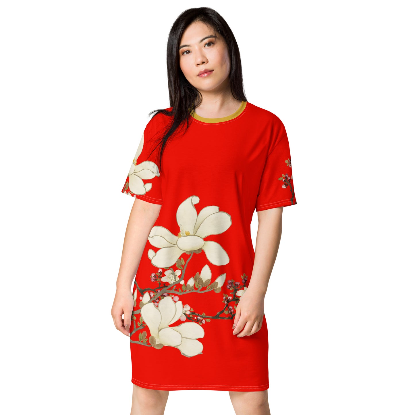 The Spirit of Flowers in Twelve Months｜Apricot and Lily Magnolia in Blossom｜T-shirt dress｜Garnet red