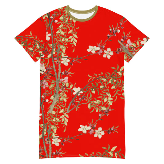 The Spirit of Flowers in Twelve Months｜Willow and Peach Blossom｜T-shirt dress｜Garnet red