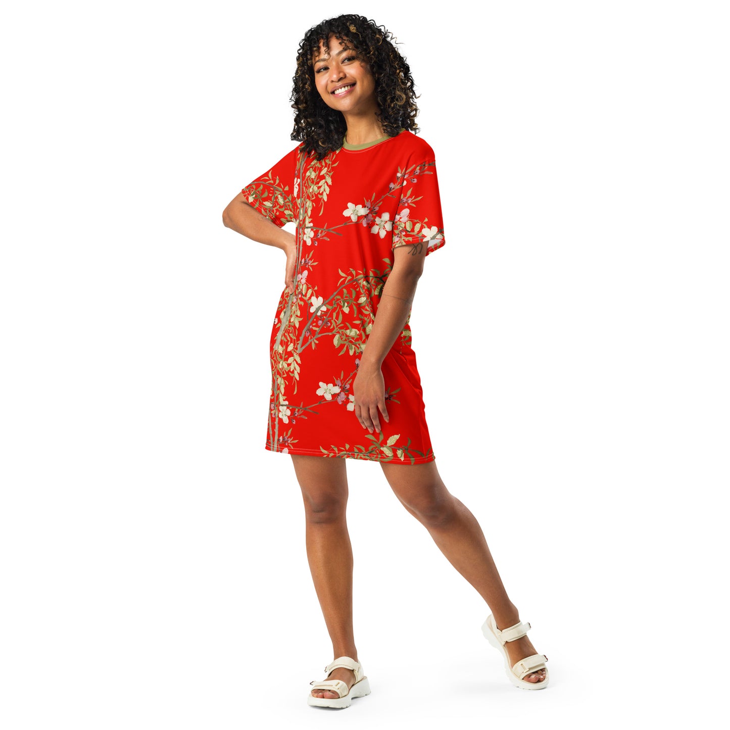 The Spirit of Flowers in Twelve Months｜Willow and Peach Blossom｜T-shirt dress｜Garnet red