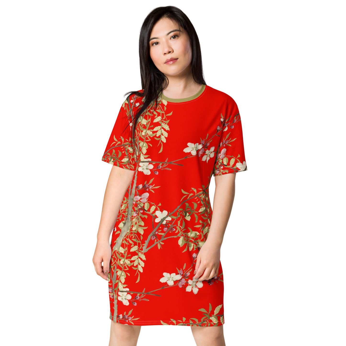 The Spirit of Flowers in Twelve Months｜Willow and Peach Blossom｜T-shirt dress｜Garnet red