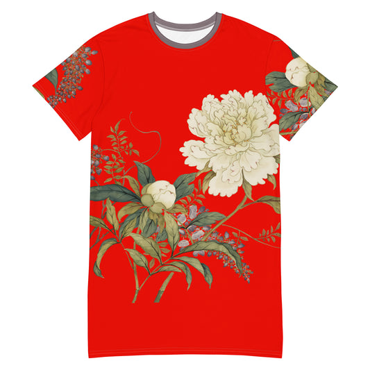 The Spirit of Flowers in Twelve Months｜Chinese Peony and Wisteria in Bloom｜T-shirt dress｜Garnet red