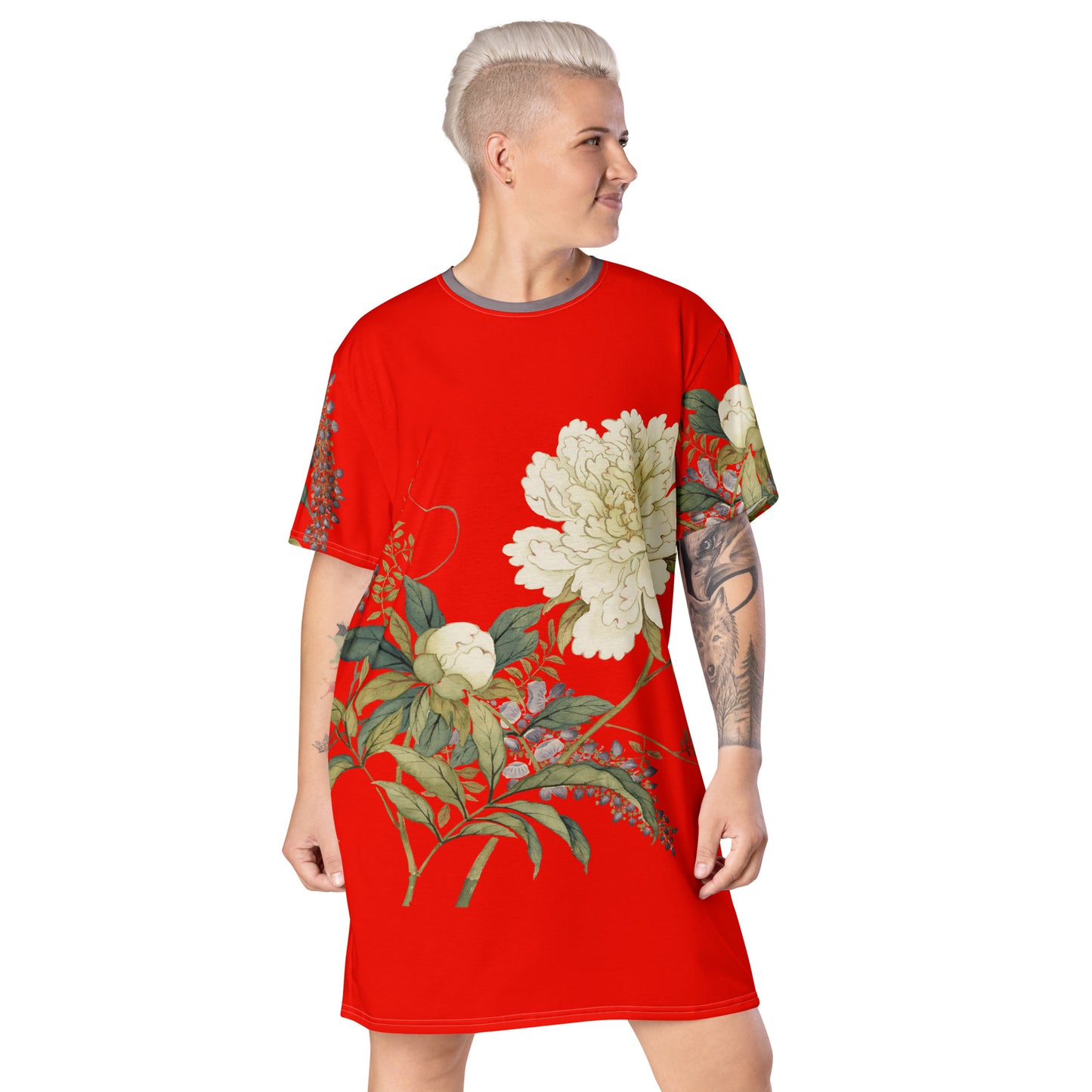 The Spirit of Flowers in Twelve Months｜Chinese Peony and Wisteria in Bloom｜T-shirt dress｜Garnet red