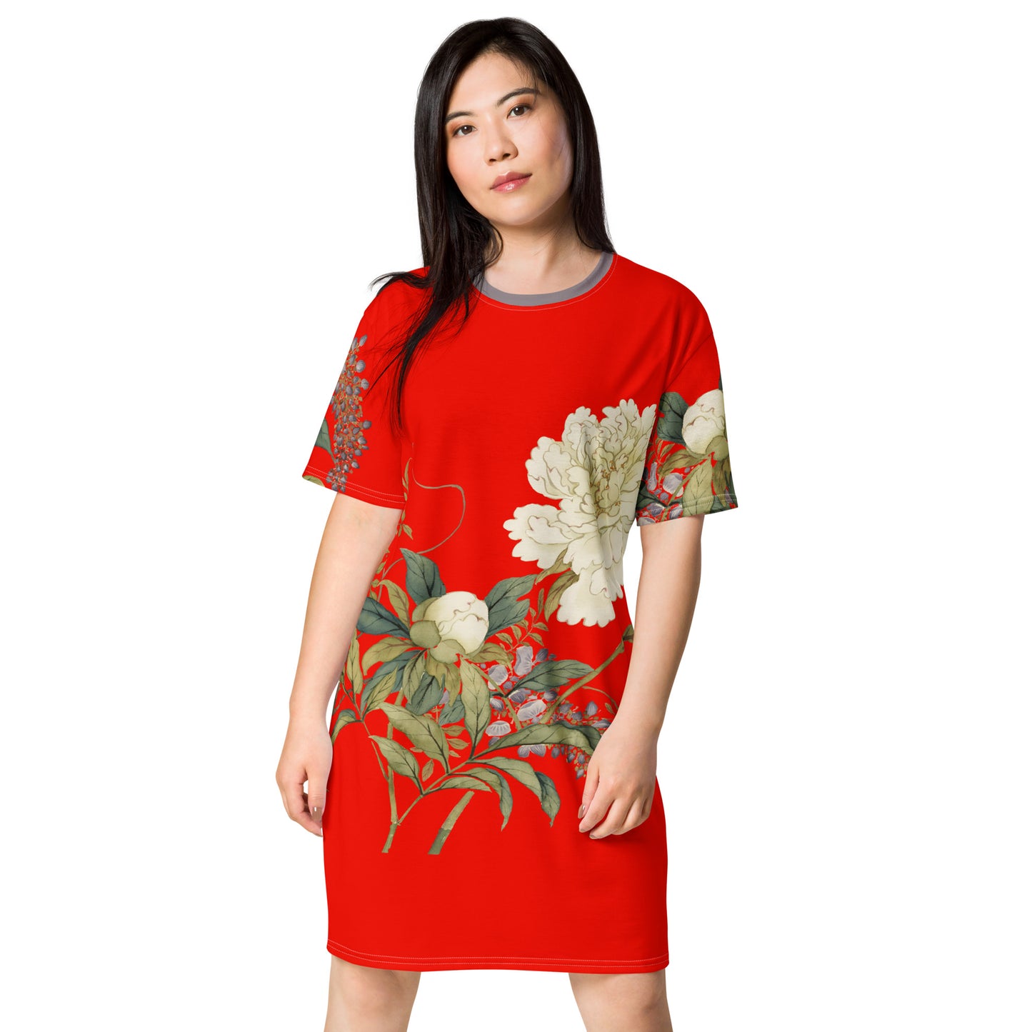 The Spirit of Flowers in Twelve Months｜Chinese Peony and Wisteria in Bloom｜T-shirt dress｜Garnet red