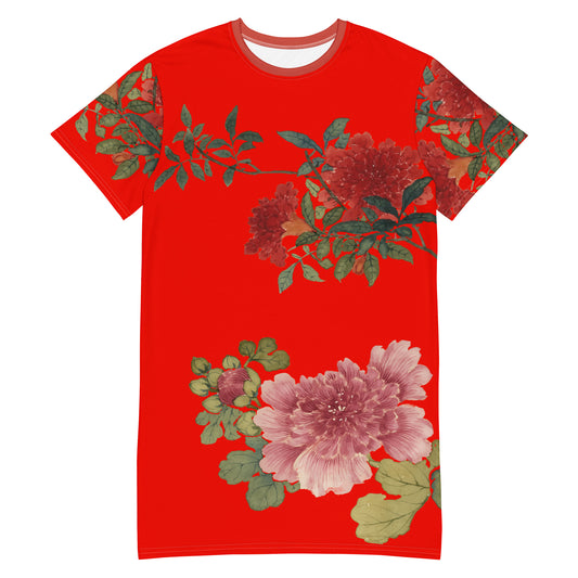 The Spirit of Flowers in Twelve Months｜Hollyhock and Pomegranate in Bloom｜T-shirt dress｜Garnet red