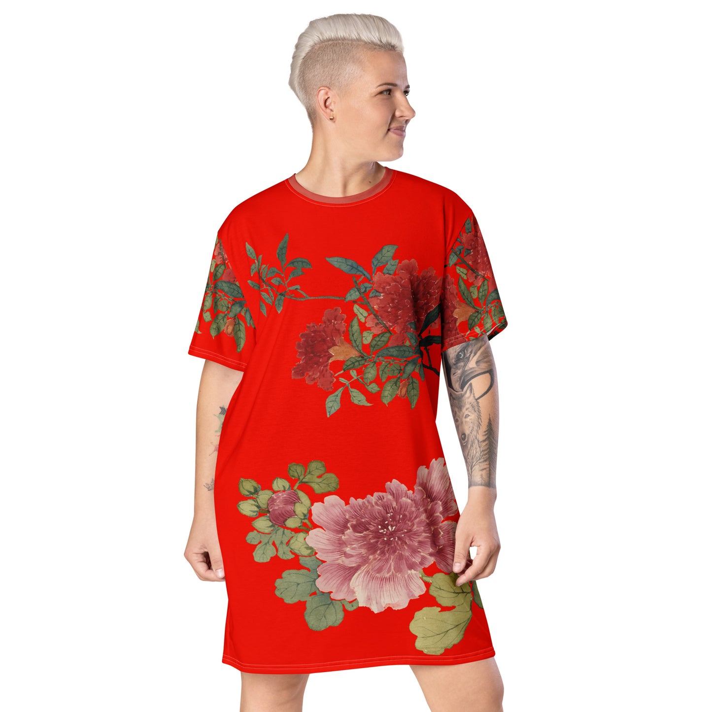 The Spirit of Flowers in Twelve Months｜Hollyhock and Pomegranate in Bloom｜T-shirt dress｜Garnet red