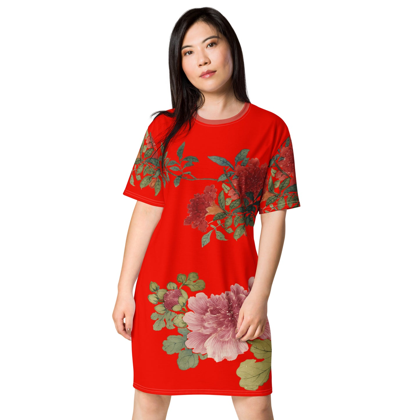 The Spirit of Flowers in Twelve Months｜Hollyhock and Pomegranate in Bloom｜T-shirt dress｜Garnet red