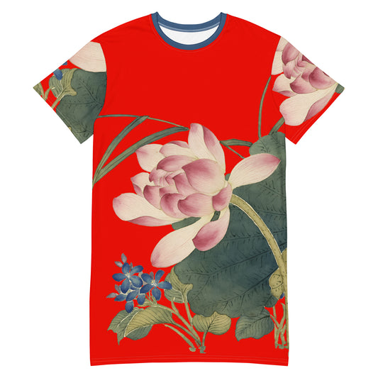 The Spirit of Flowers in Twelve Months｜Lotus in Bloom｜T-shirt dress｜Garnet red