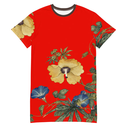 The Spirit of Flowers in Twelve Months｜Okra and White-edged Morning Glory in Bloom｜T-shirt dress｜Garnet red