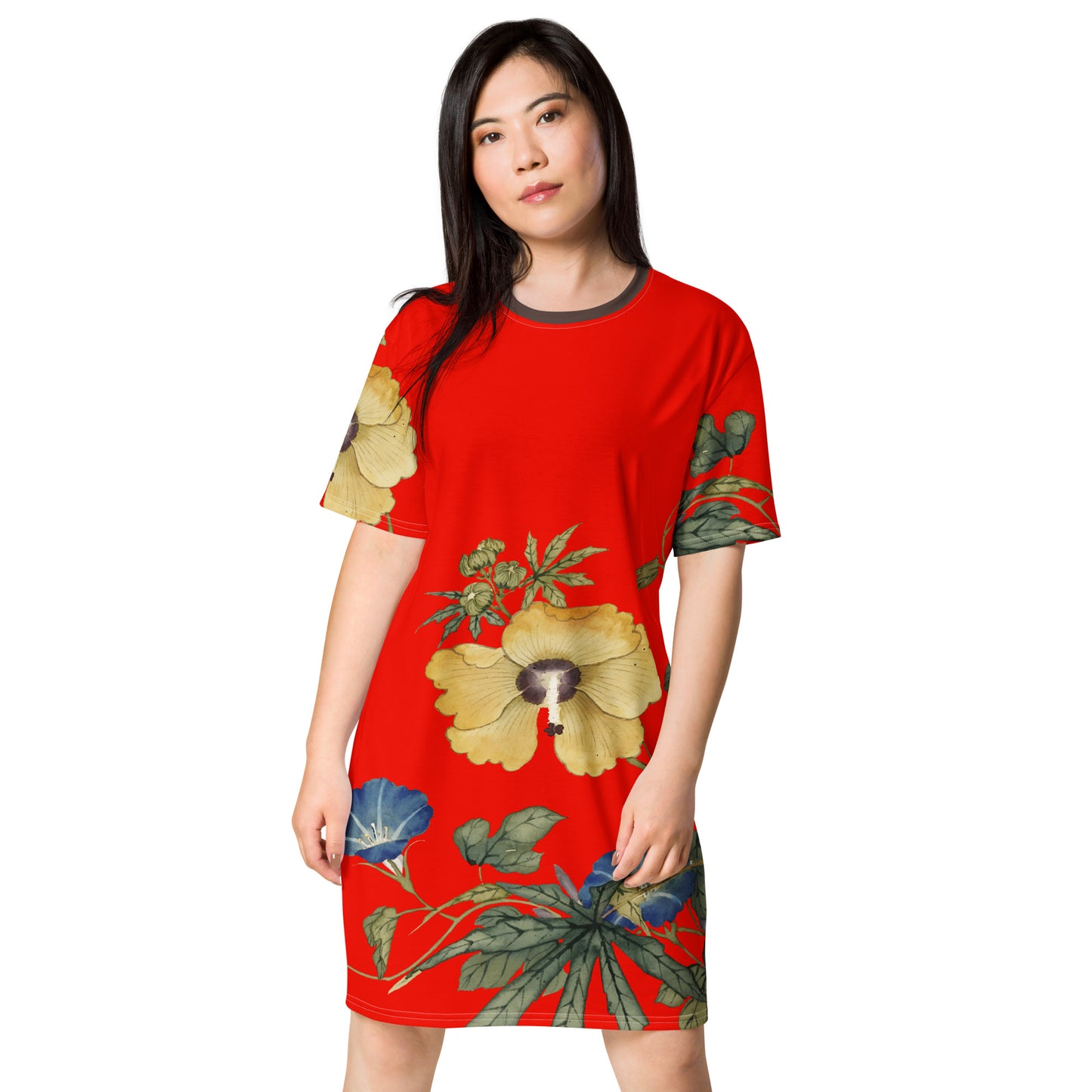 The Spirit of Flowers in Twelve Months｜Okra and White-edged Morning Glory in Bloom｜T-shirt dress｜Garnet red