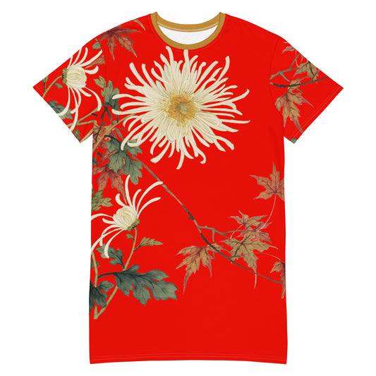 The Spirit of Flowers in Twelve Months｜Blooming Chrysanthemum and Maple Leaves｜T-shirt dress｜Garnet red