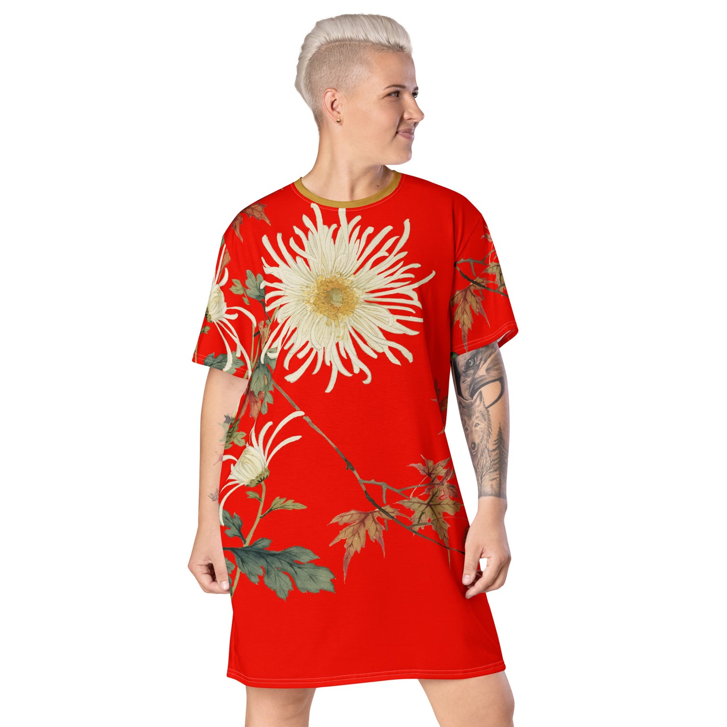 The Spirit of Flowers in Twelve Months｜Blooming Chrysanthemum and Maple Leaves｜T-shirt dress｜Garnet red