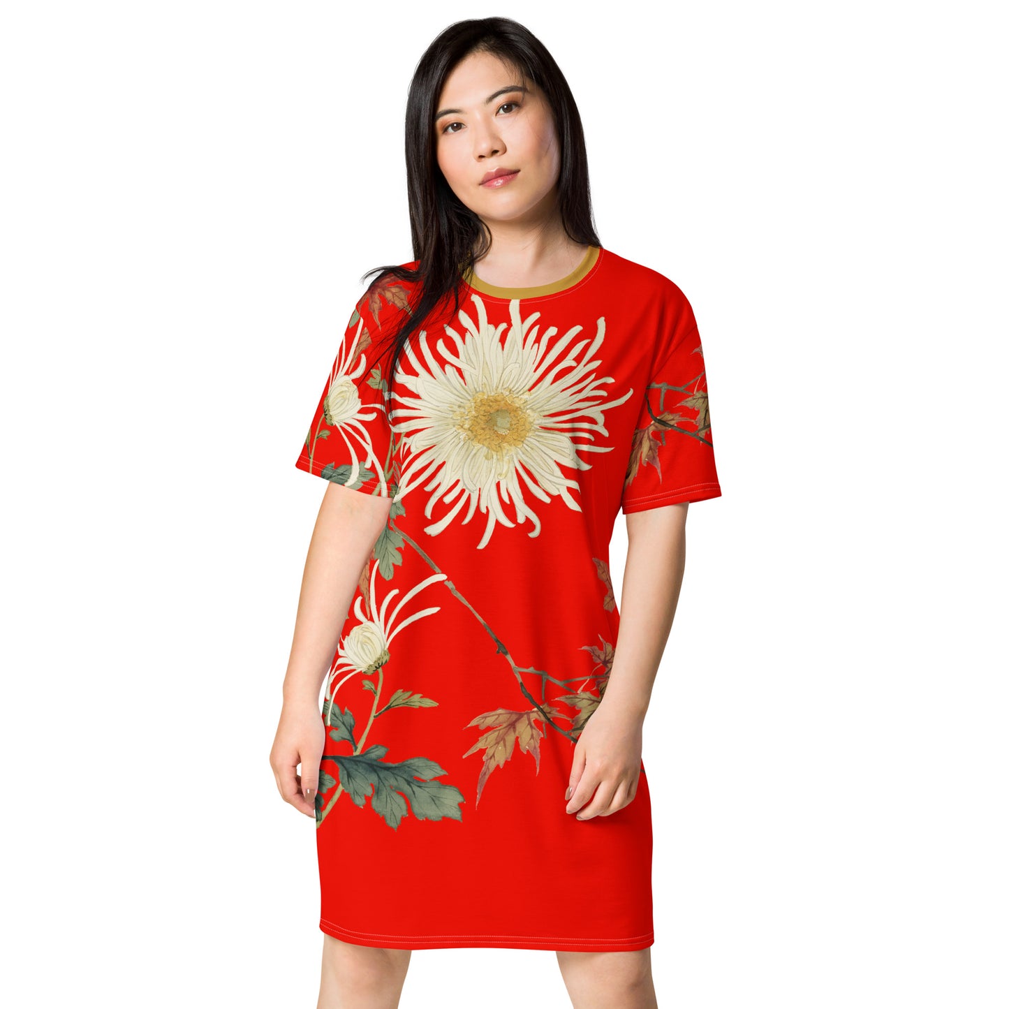 The Spirit of Flowers in Twelve Months｜Blooming Chrysanthemum and Maple Leaves｜T-shirt dress｜Garnet red