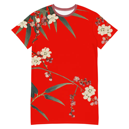 The Spirit of Flowers in Twelve Months｜Crimson Plum Blossom and Lush Green Bamboo｜T-shirt dress｜Garnet red