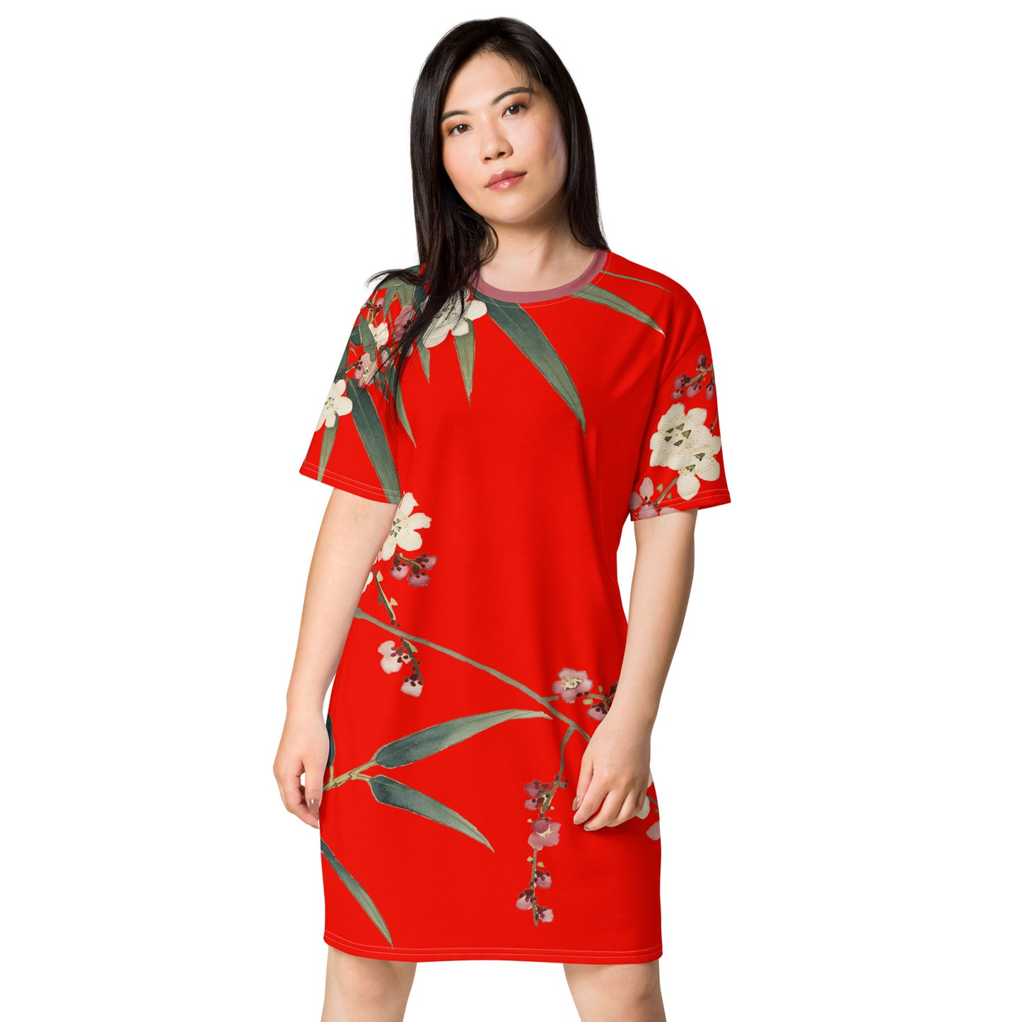 The Spirit of Flowers in Twelve Months｜Crimson Plum Blossom and Lush Green Bamboo｜T-shirt dress｜Garnet red