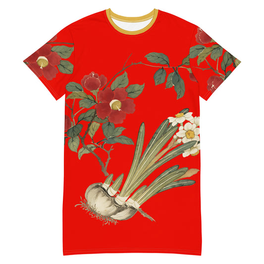 The Spirit of Flowers in Twelve Months｜Narcissus and Camelia in Bloom｜T-shirt dress｜Garnet red