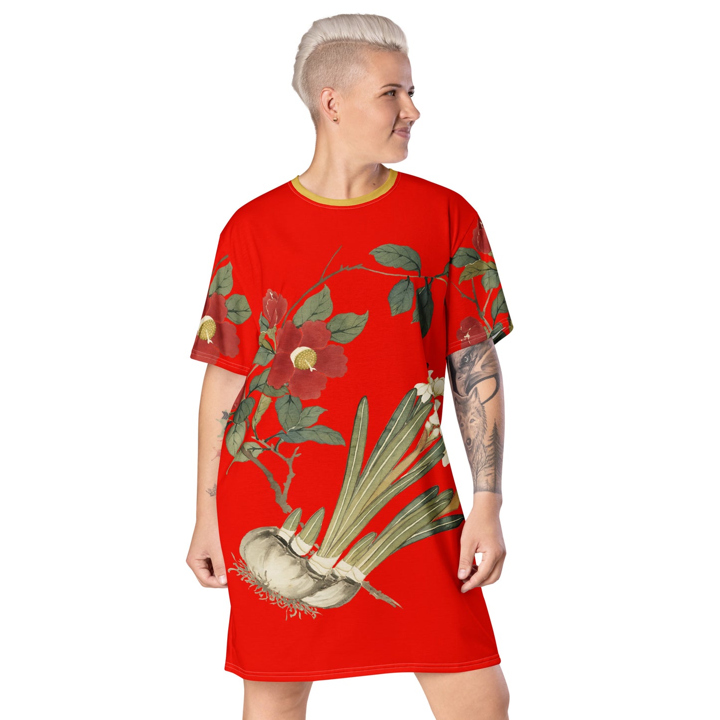 The Spirit of Flowers in Twelve Months｜Narcissus and Camelia in Bloom｜T-shirt dress｜Garnet red