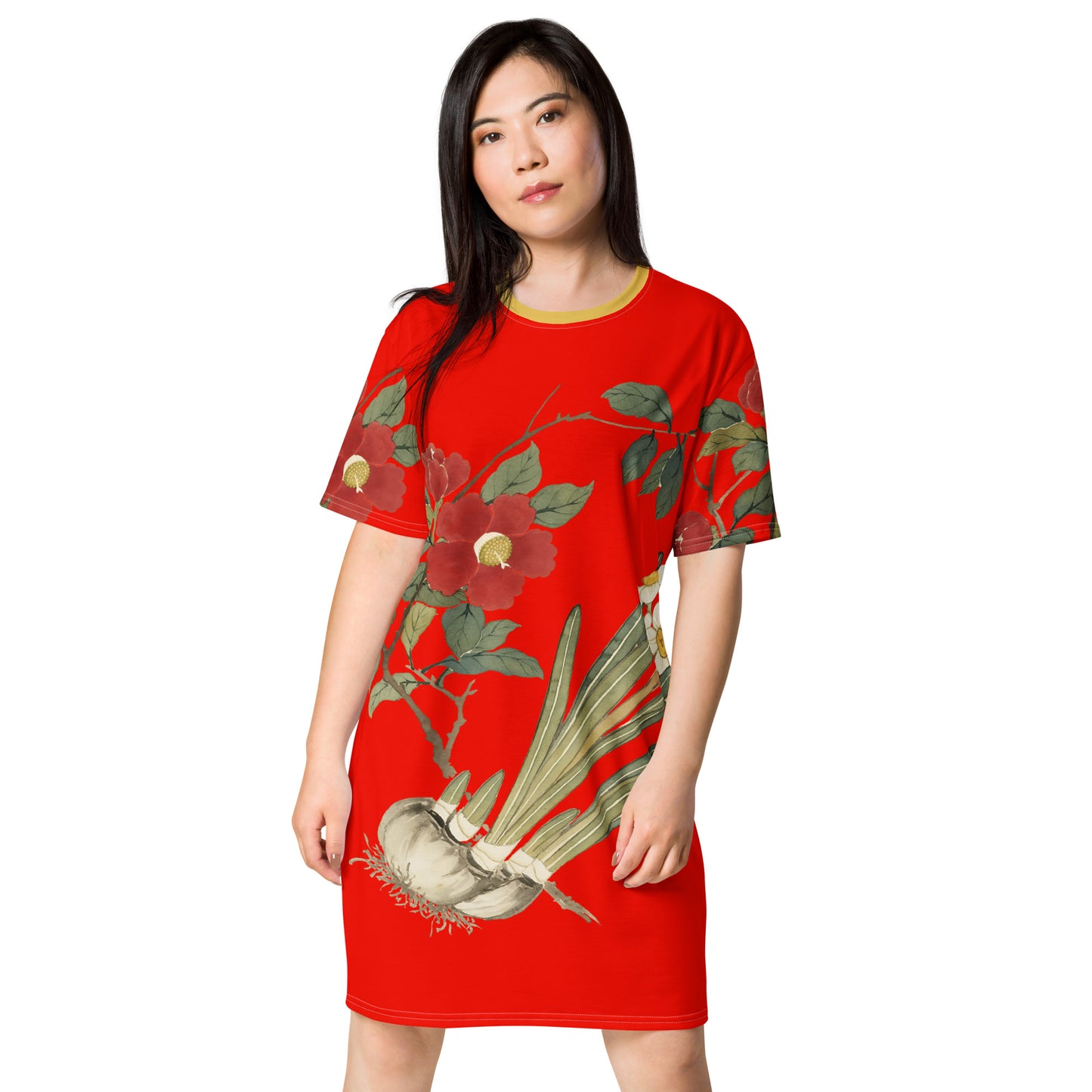 The Spirit of Flowers in Twelve Months｜Narcissus and Camelia in Bloom｜T-shirt dress｜Garnet red