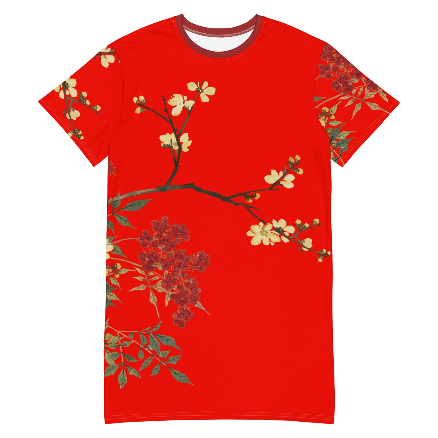 The Spirit of Flowers in Twelve Months｜Blooming Wintersweet and Heavenly Bamboo｜T-shirt dress｜Garnet red