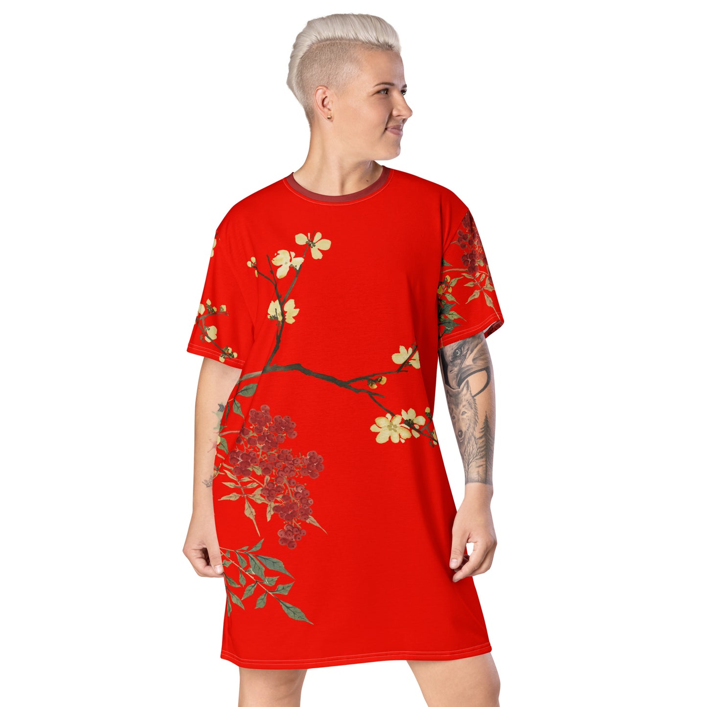 The Spirit of Flowers in Twelve Months｜Blooming Wintersweet and Heavenly Bamboo｜T-shirt dress｜Garnet red