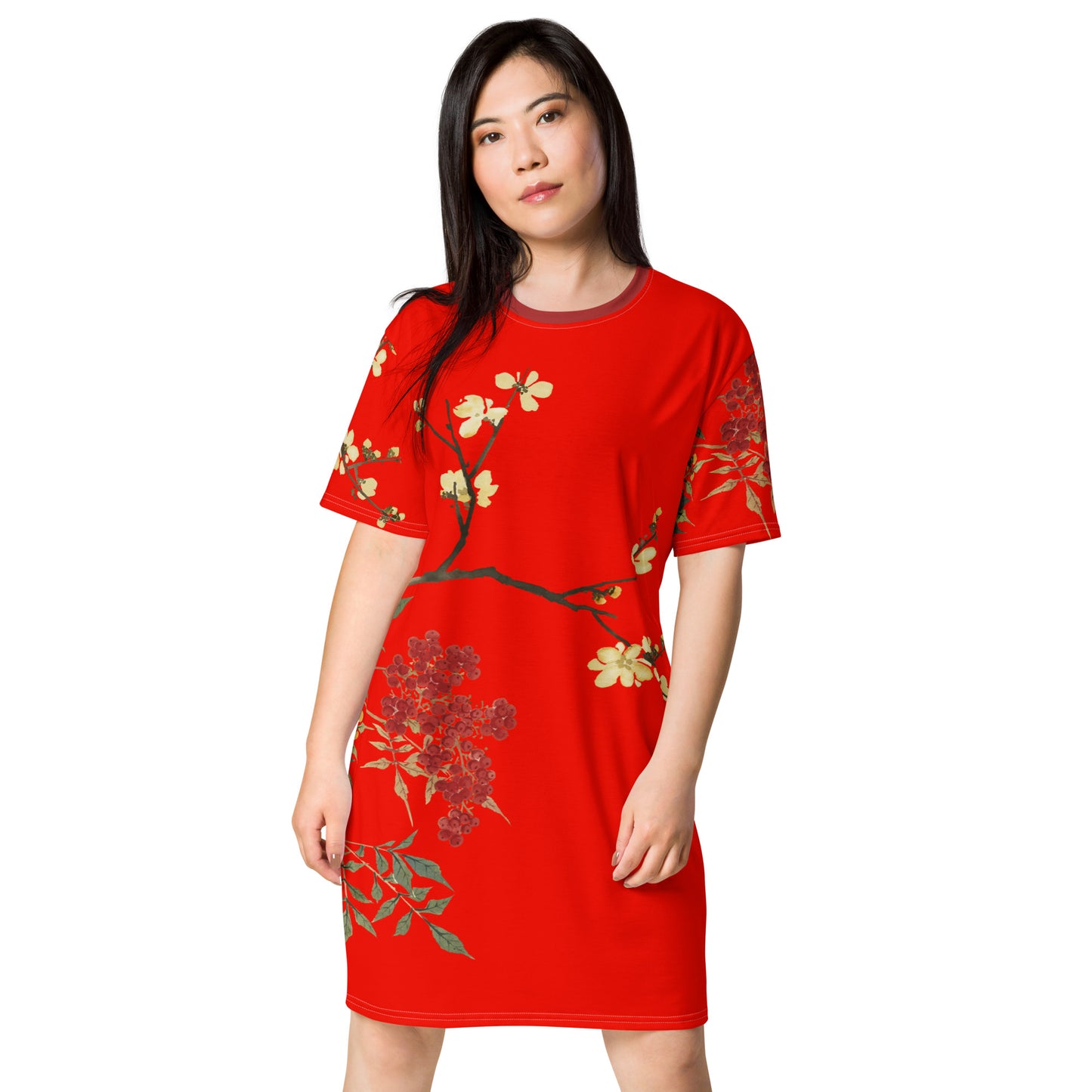 The Spirit of Flowers in Twelve Months｜Blooming Wintersweet and Heavenly Bamboo｜T-shirt dress｜Garnet red