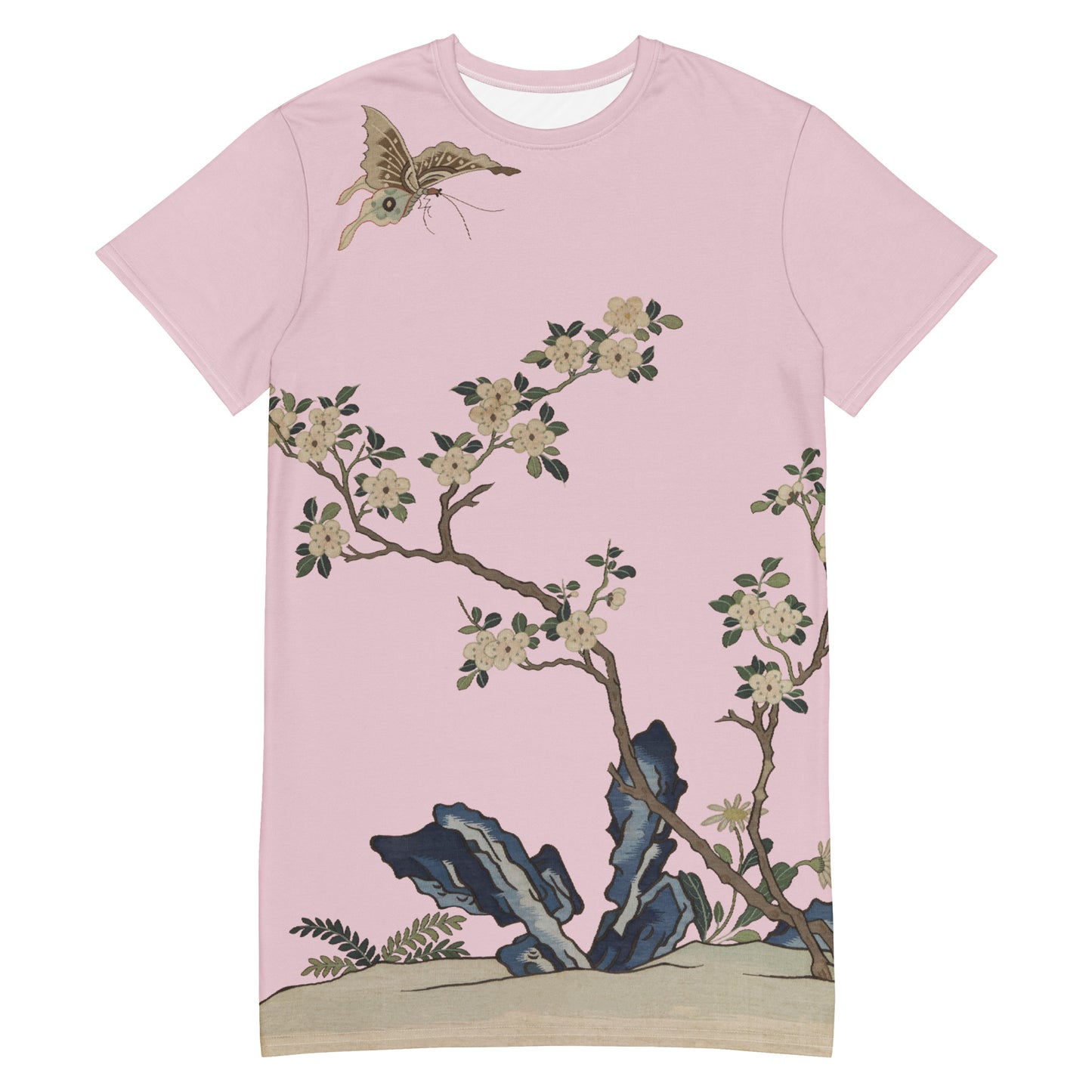 Kesi Flower Album｜White Plum Blossoms and Butterfly｜T-shirt dress｜Pale pinkish gray