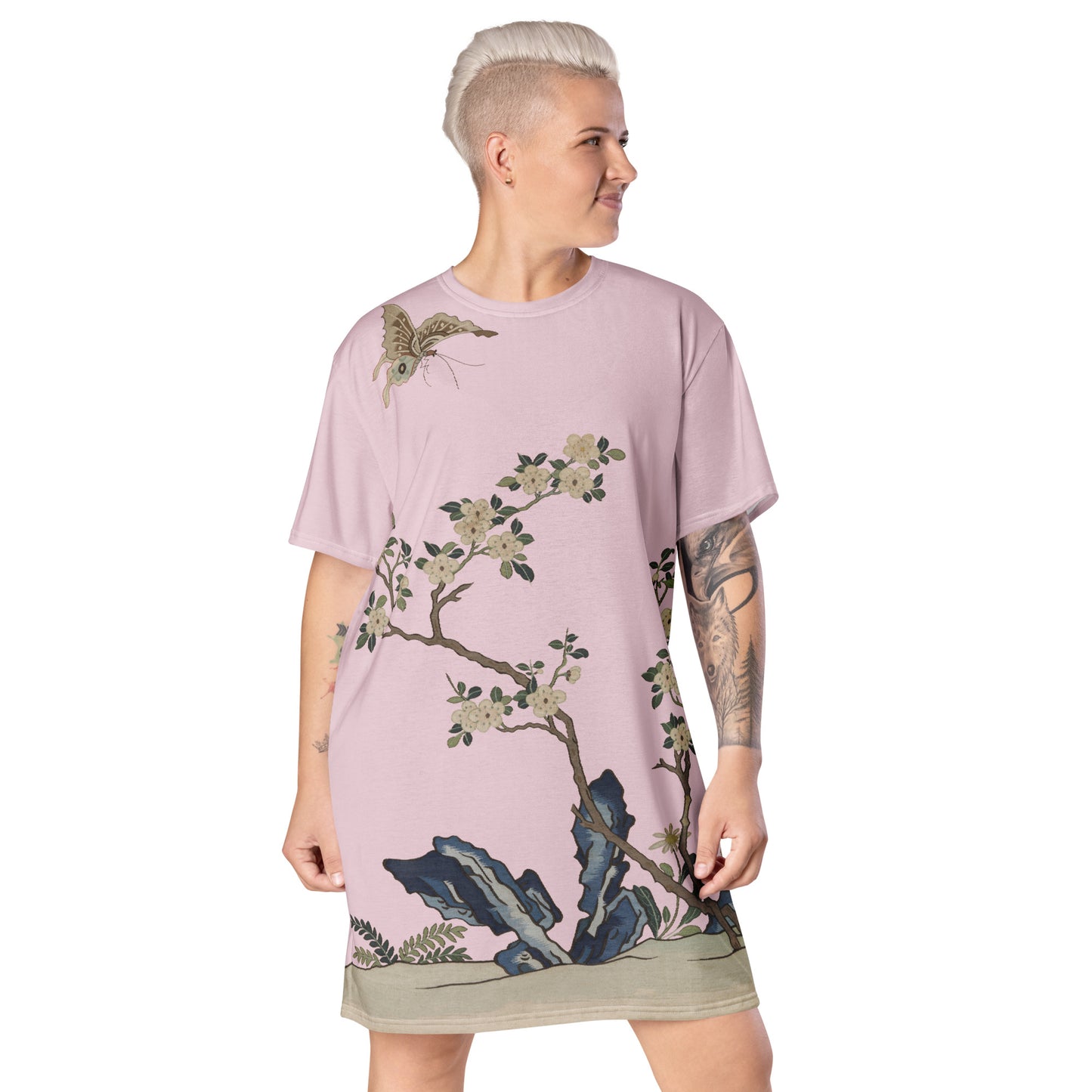 Kesi Flower Album｜White Plum Blossoms and Butterfly｜T-shirt dress｜Pale pinkish gray