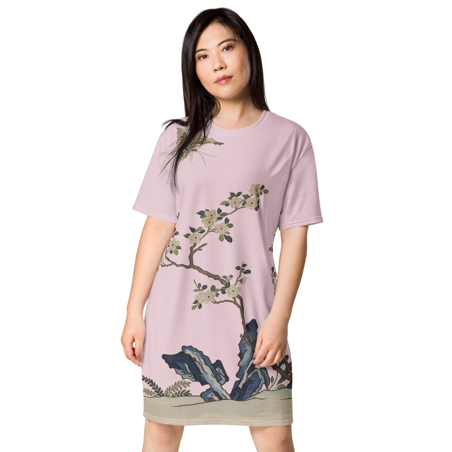 Kesi Flower Album｜White Plum Blossoms and Butterfly｜T-shirt dress｜Pale pinkish gray