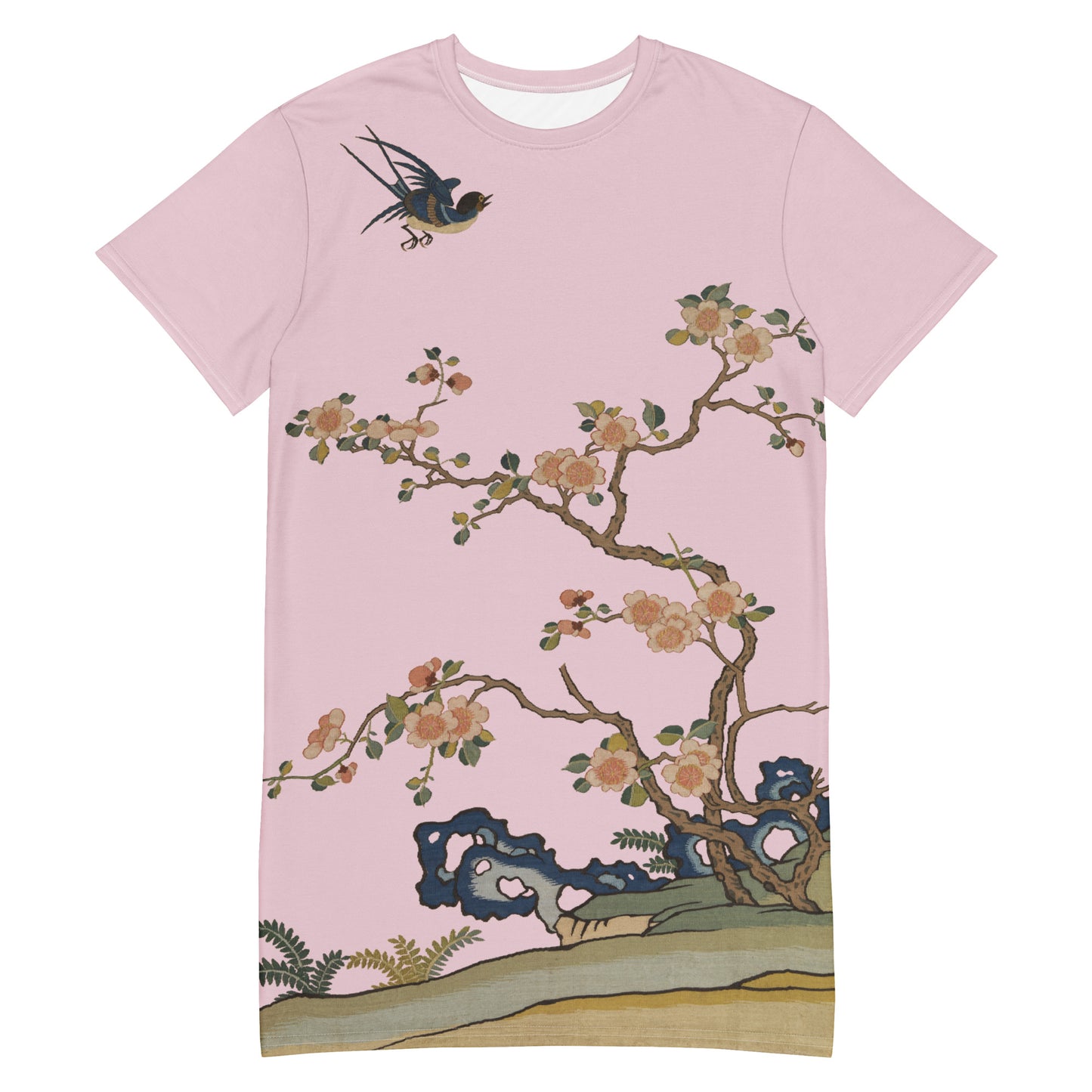 タペストリーの花｜Swallow in Flight, Harbinger of Spring｜Tシャツドレス｜Pale pinkish gray