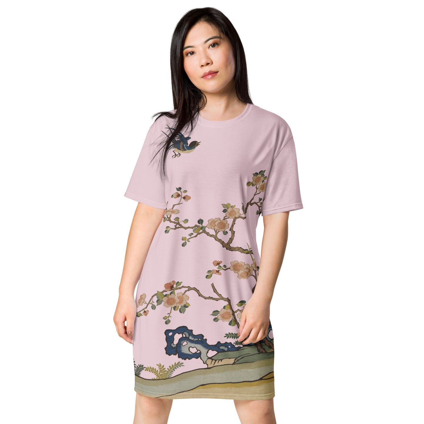 タペストリーの花｜Swallow in Flight, Harbinger of Spring｜Tシャツドレス｜Pale pinkish gray