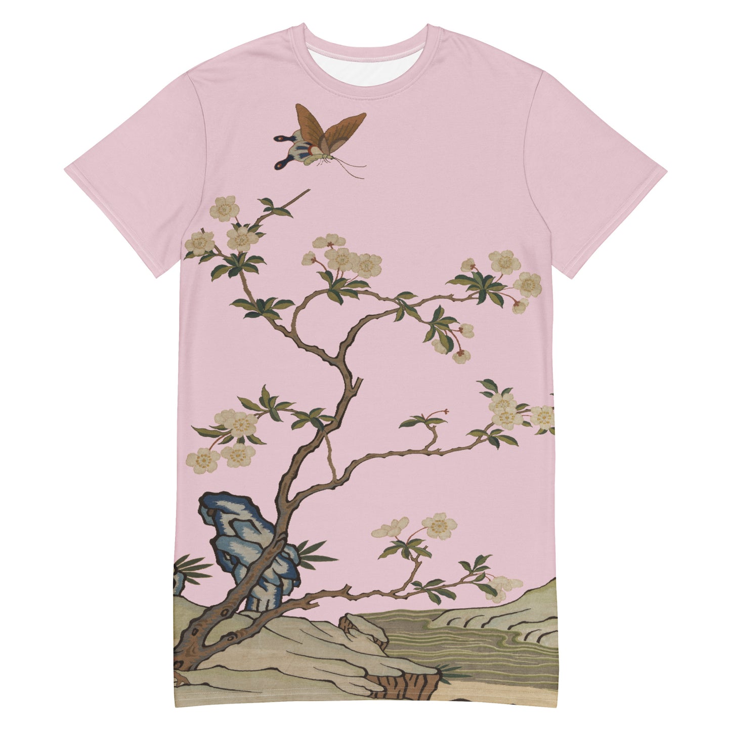 タペストリーの花｜Plum Blossoms and Butterfly｜Tシャツドレス｜Pale pinkish gray