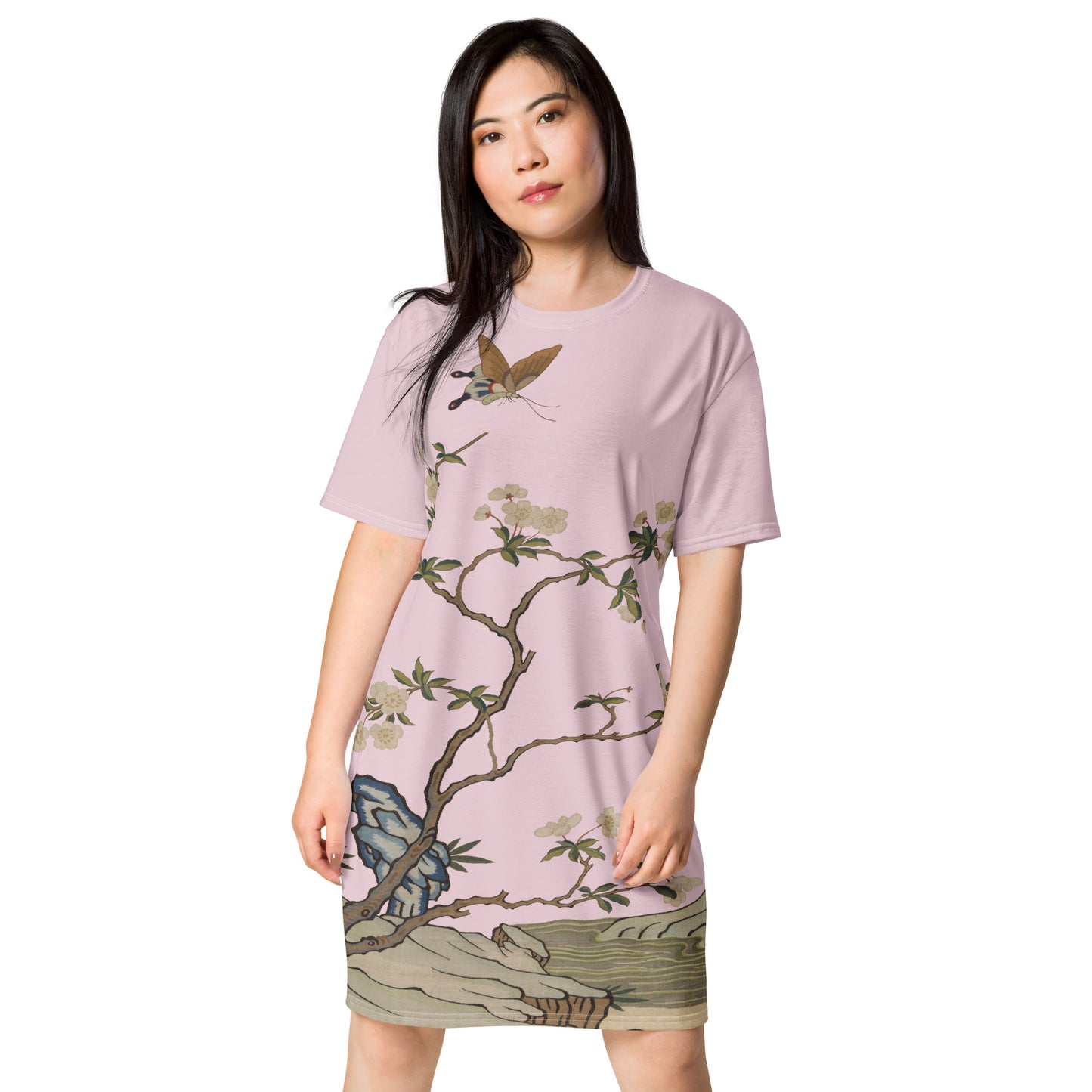 タペストリーの花｜Plum Blossoms and Butterfly｜Tシャツドレス｜Pale pinkish gray