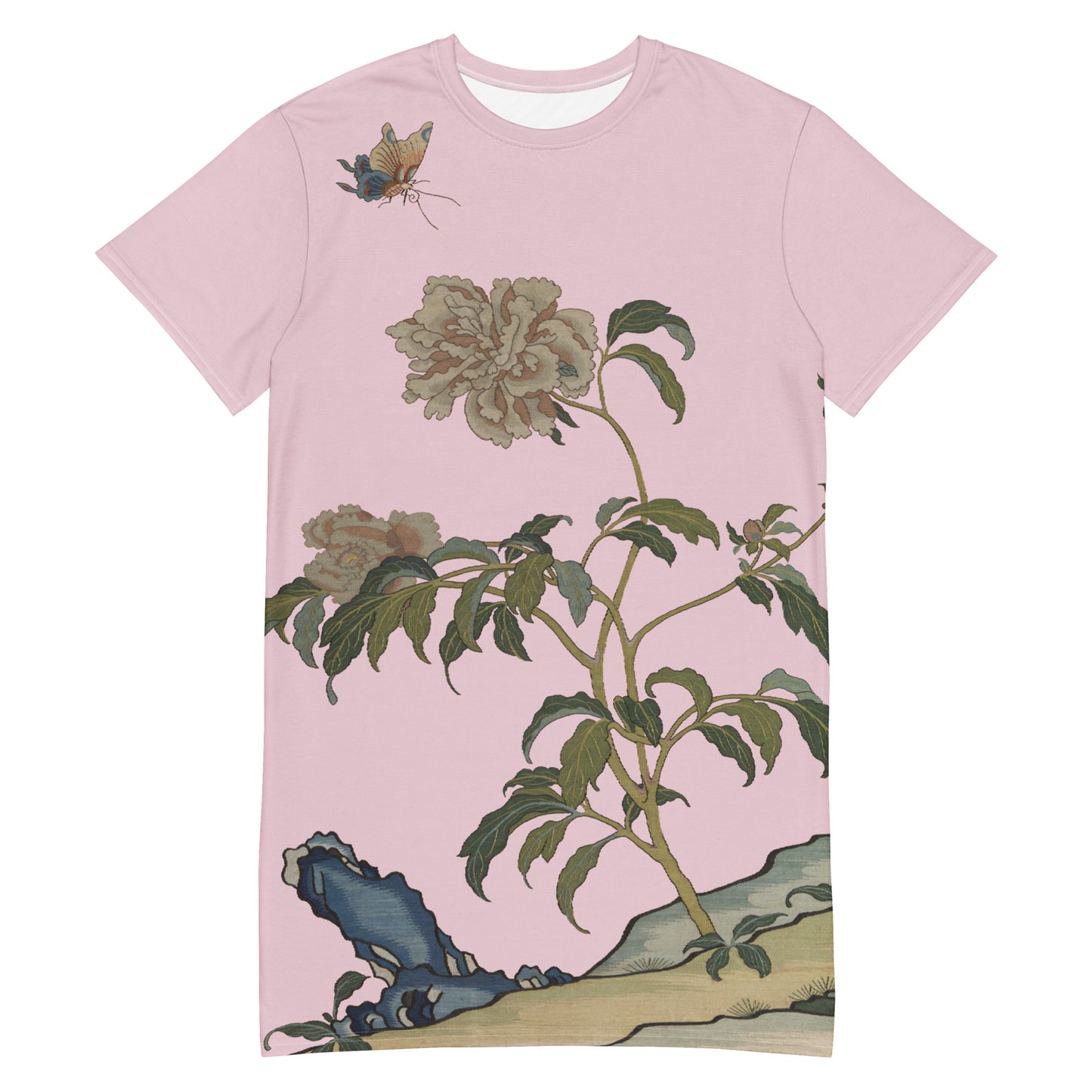 タペストリーの花｜Peonies and Butterfly｜Tシャツドレス｜Pale pinkish gray