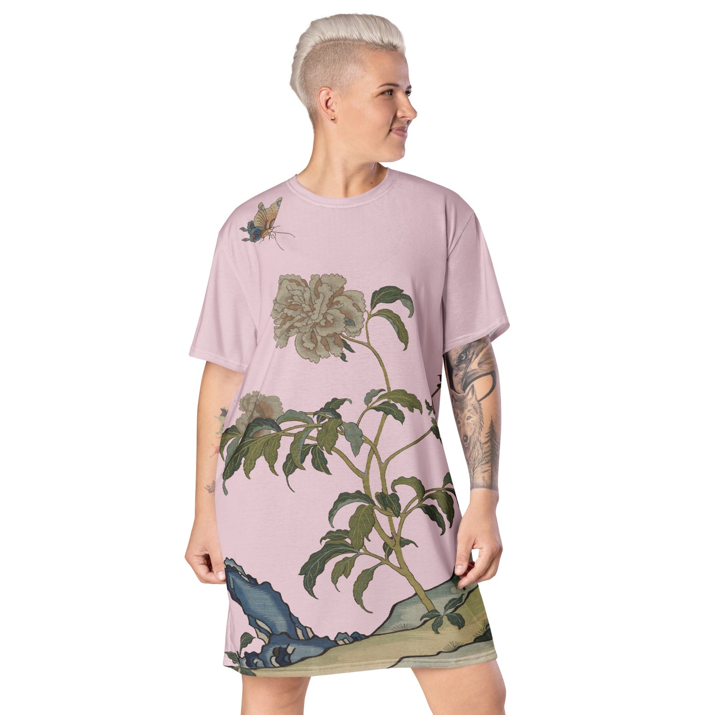 タペストリーの花｜Peonies and Butterfly｜Tシャツドレス｜Pale pinkish gray