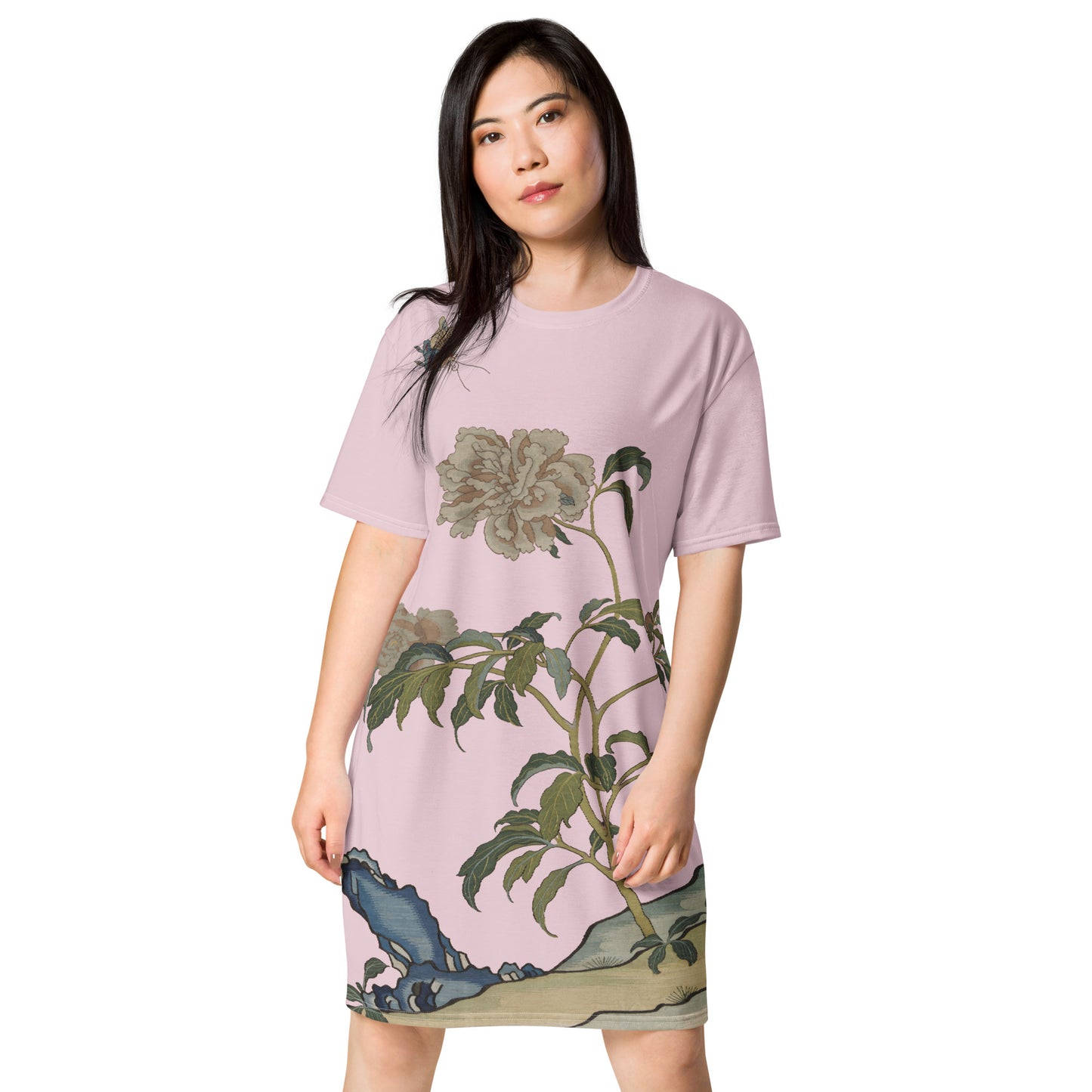 Kesi Flower Album｜Peonies and Butterfly｜T-shirt dress｜Pale pinkish gray