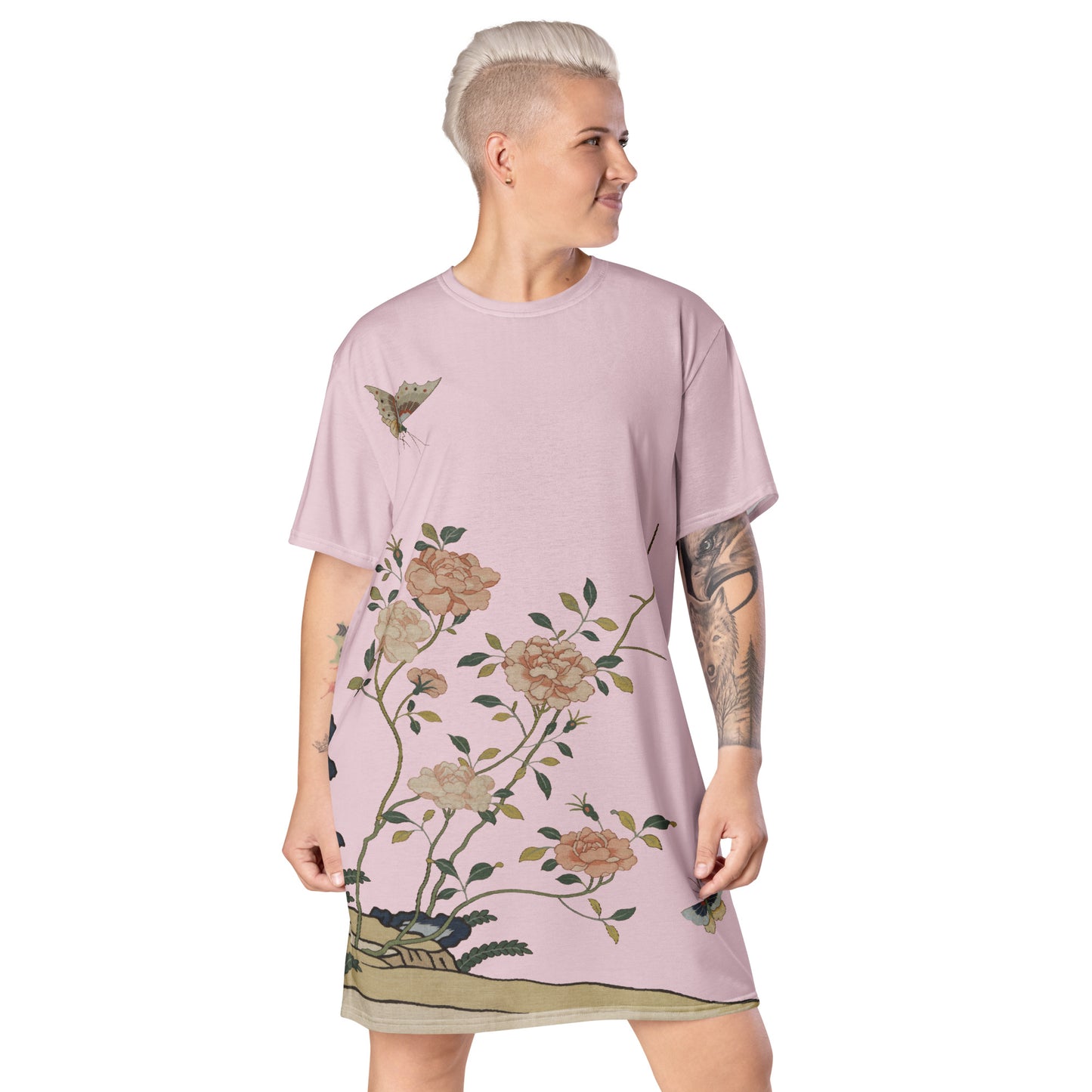 Kesi Flower Album｜Red Roses｜T-shirt dress｜Pale pinkish gray