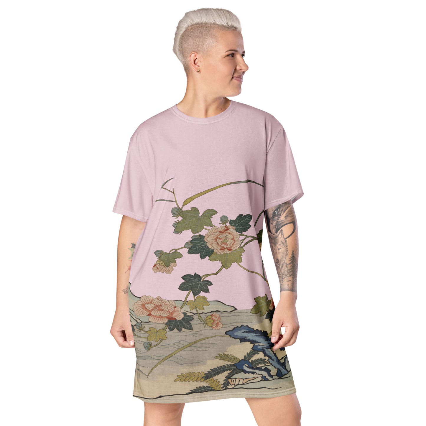 Kesi Flower Album｜Hibiscus by the Water｜T-shirt dress｜Pale pinkish gray