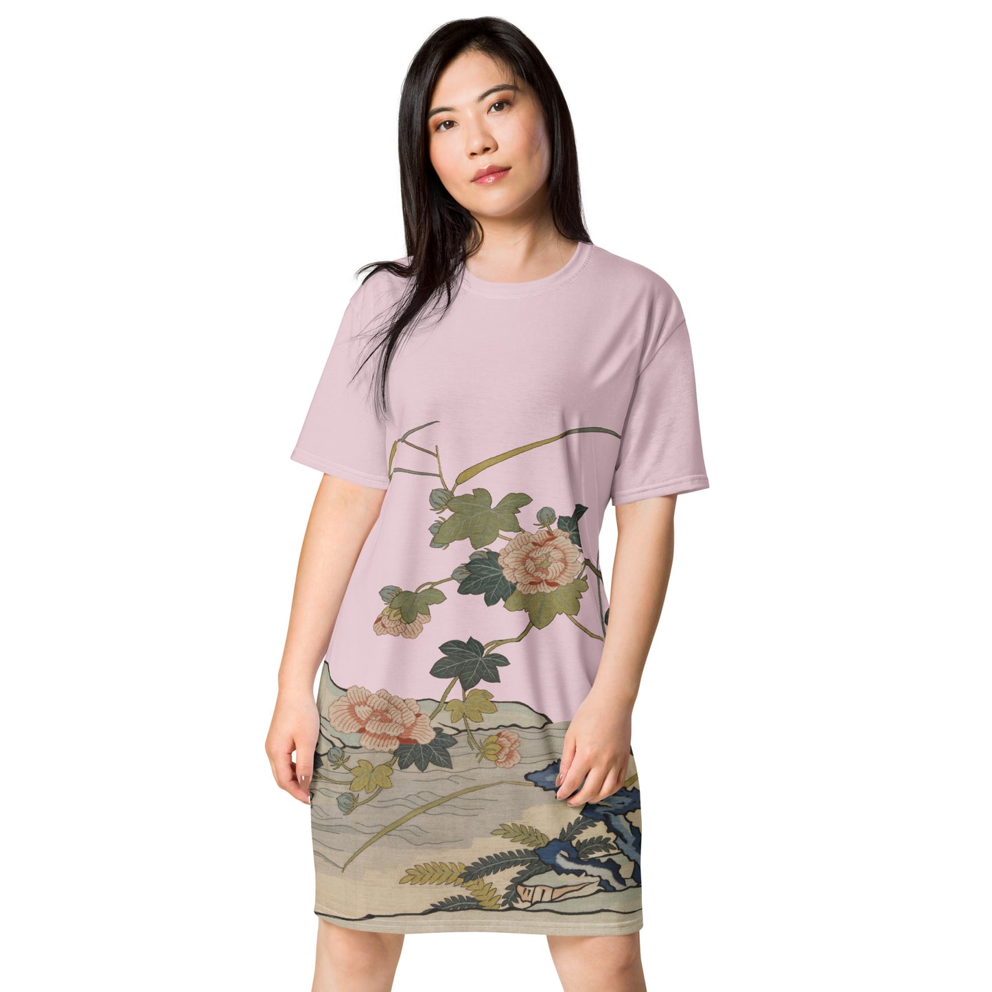 タペストリーの花｜水辺のハイビスカス｜Tシャツドレス｜Pale pinkish gray