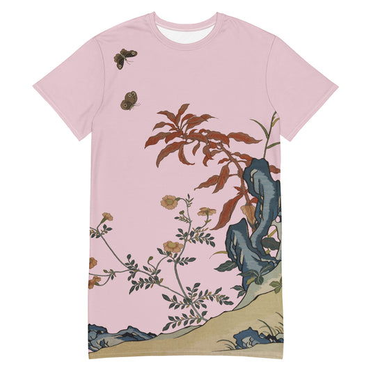 Kesi Flower Album｜Butterflies and Flowers｜T-shirt dress｜Pale pinkish gray