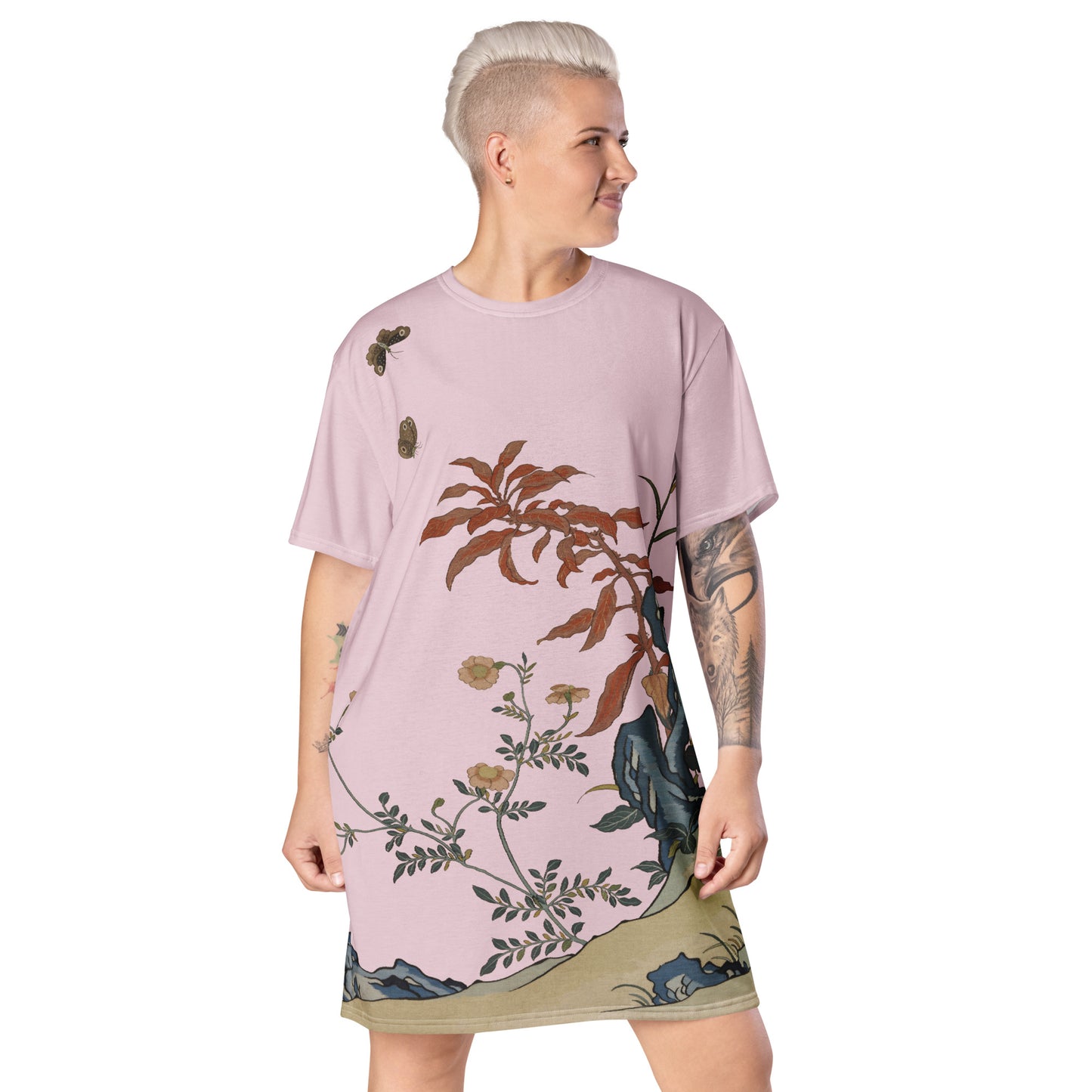 Kesi Flower Album｜Butterflies and Flowers｜T-shirt dress｜Pale pinkish gray