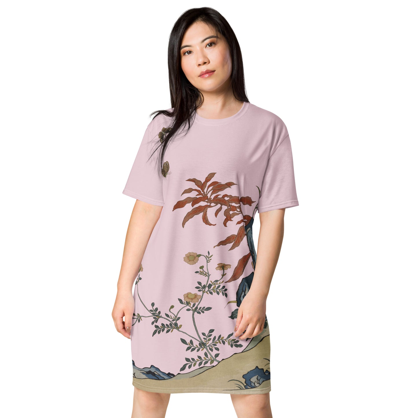 Kesi Flower Album｜Butterflies and Flowers｜T-shirt dress｜Pale pinkish gray