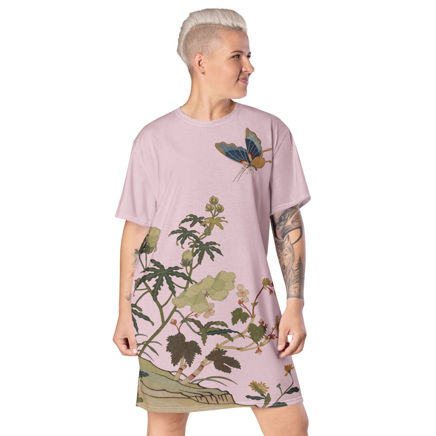 Kesi Flower Album｜Hibiscus and Begonia Blossoms｜T-shirt dress｜Pale pinkish gray