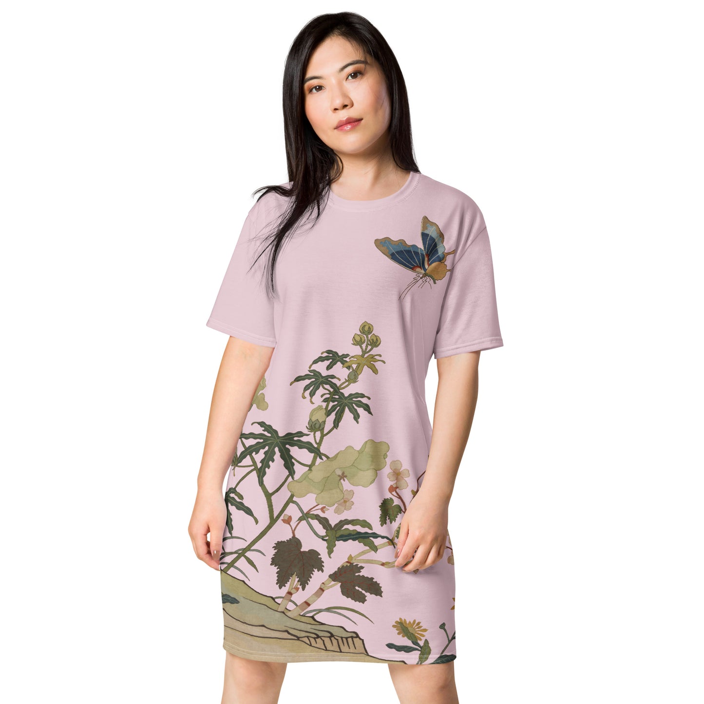 Kesi Flower Album｜Hibiscus and Begonia Blossoms｜T-shirt dress｜Pale pinkish gray