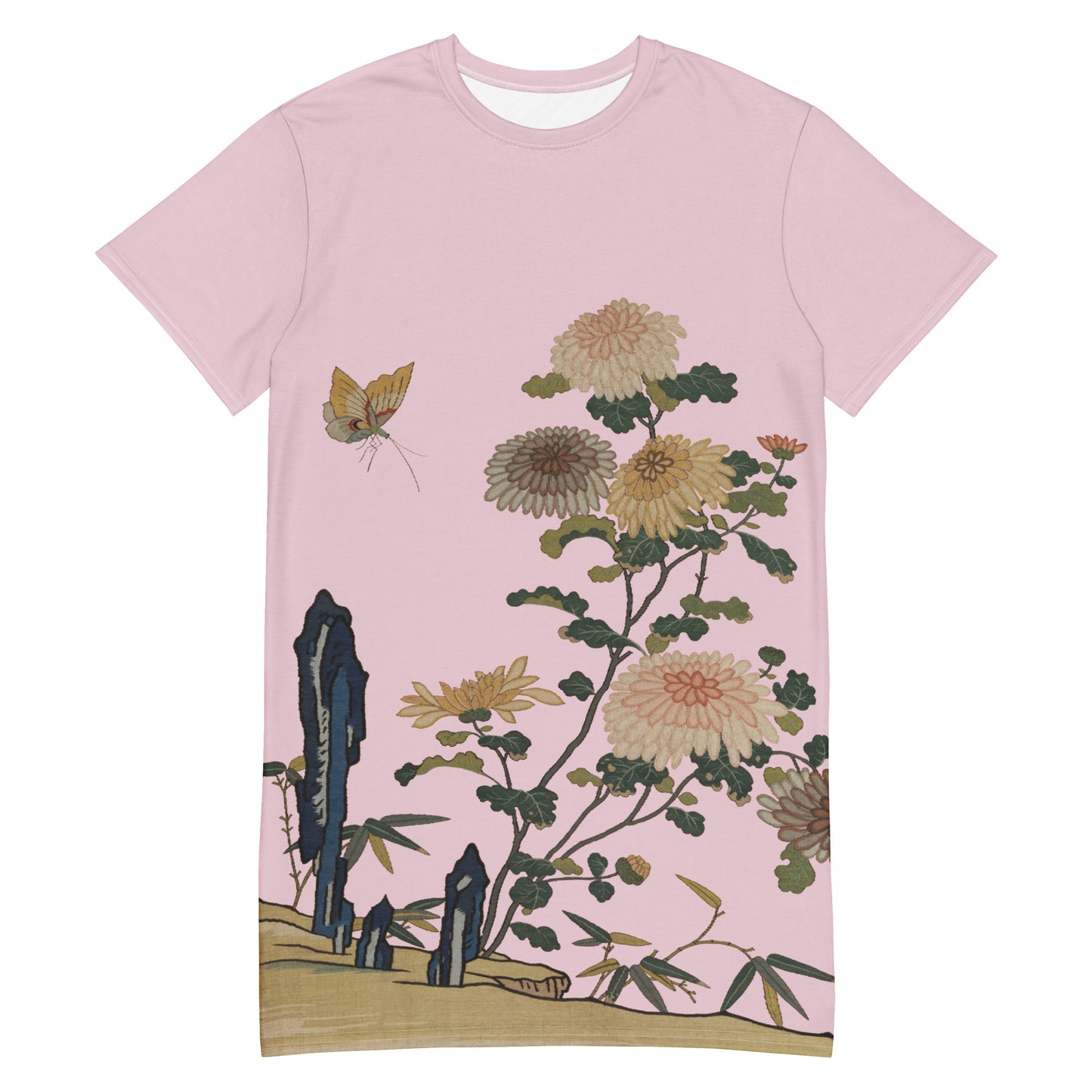 タペストリーの花｜菊と蝶｜Tシャツドレス｜Pale pinkish gray