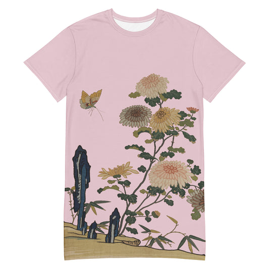 Kesi Flower Album｜Chrysanthemums and Butterflies｜T-shirt dress｜Pale pinkish gray